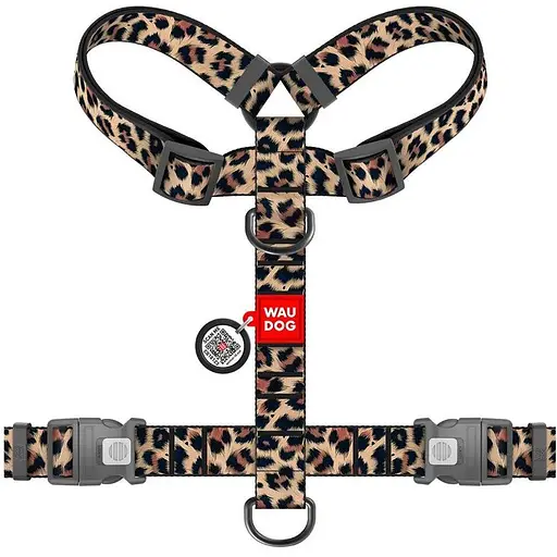 Шлея для собак анатомічна H-подібна WAUDOG Nylon з QR-паспортом, малюнок Леопард пластиковий фастекс, XL, Ш 35 мм, A 60-100 см, - фото 2