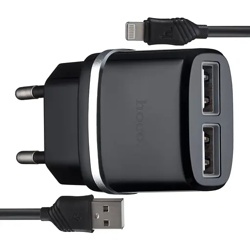 Мережевий зарядний пристрій Hoco C12 Smart dual USB charger set with Lightning cable ( EU ) 2USB 2.4A Чорний - фото 1