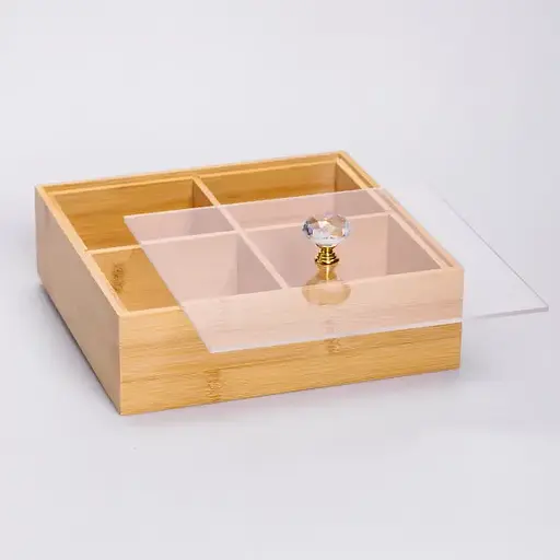 Менажниця бамбукова Yiwu HB-40-2 квадратна з кришкою 22x22x6.5см Бежевий - фото 3