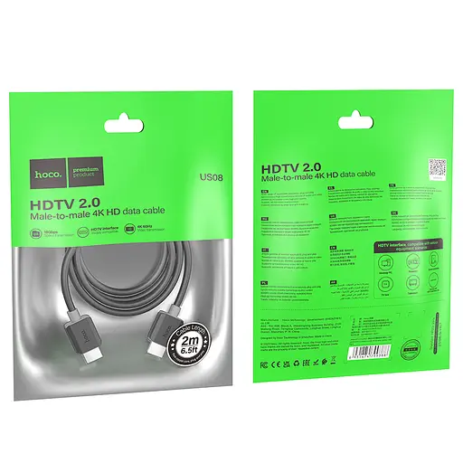 Кабель HOCO US08 HDTV 2.0 male-to-male 4K HD data cable(L=2M) Black - фото 8