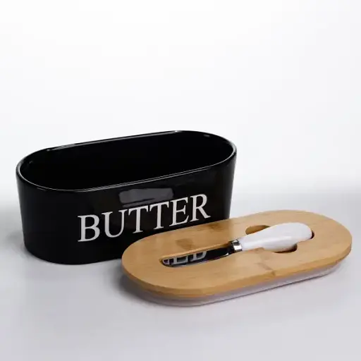 Маслянка порцелянова Yiwu з бамбуковою кришкою та ножем для масла чорний CYT-B - фото 3