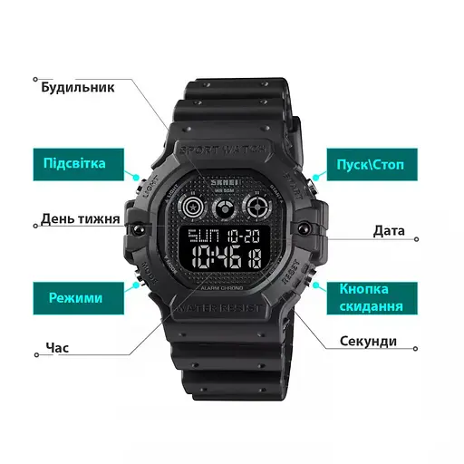 Спортивний чоловічий годинник Skmei 1606 (Чорний з чорним) - фото 7