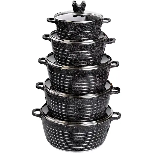 Набор кастрюль MGC алюминиевых 2,5/4/5/7/9 л с мраморным покрытием, черный MGC HP-4-411B - фото 4