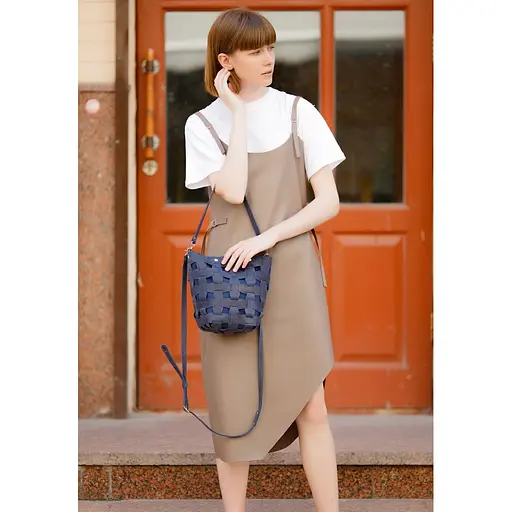 Шкіряна плетена жіноча сумка Пазл M синя Crazy Horse - фото 7