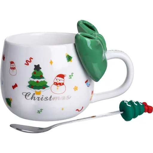 Чашка порцелянова Christmas Ribbon 400 мл з ложкою, зелений  FM-CS-19B - фото 2