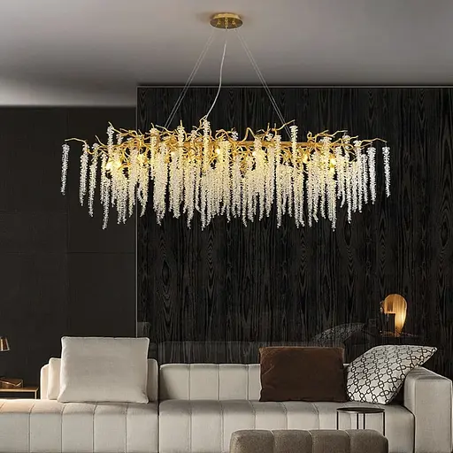 Подовжена вишукана золота люстра з кришталевими підвісками в корпусі 150 см Арт. 33001-L1500*400 GD Line F - фото 1