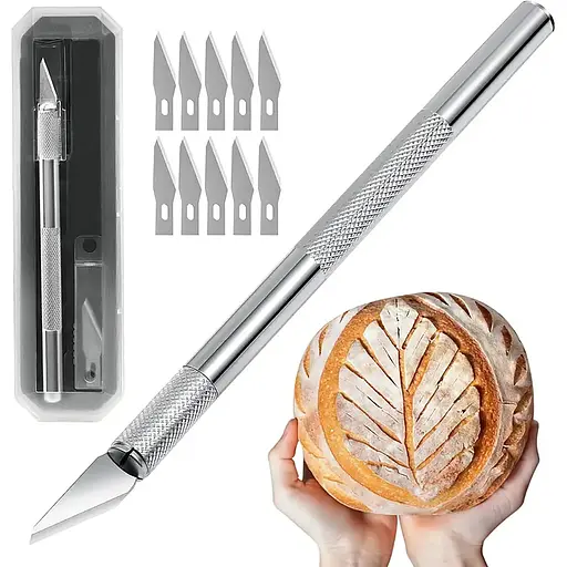 Пекарський ніж для художнього надрізування тіста для хліба, багету та здоби хліборіз з 10 змінними лезами у футлярі, Kitchen Master 87912 - фото 1