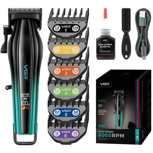 Триммер VGR V-273 c 6 насадками аккумуляторная машинка для стрижки дисплей Черный с Зеленым 10 Вт - фото 1