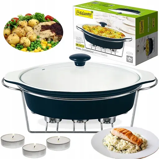 Мармит Maestro MR-11361-74 Керамическая кастрюля с крышкой 1,5л на подставке овальная 32,5см х 22см Черный - фото 3