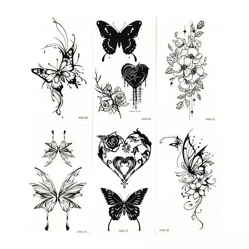 Набор временных тату Бабочки и цветы №2 black-tattoo-mini-set-f02 из 6 черных по 9,5 х 5,5 см