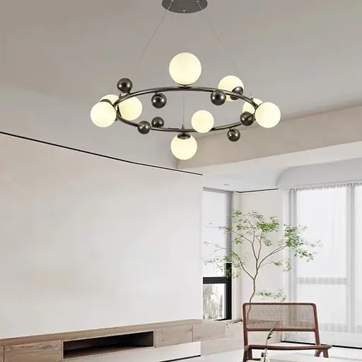 Кольцевая люстра с 9 белыми плафонами Ø 85 см | Ст. MJ 295/9 BK+WT | Line F - фото 1