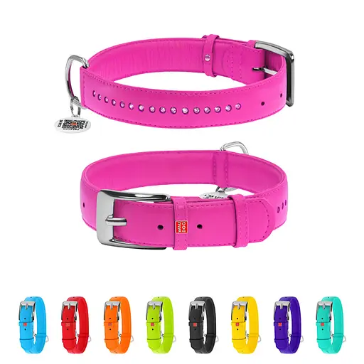 Нашийник для собак шкіряний Waudog Glamour з QR-паспортом подвійний зі стразами S Ш 15 мм Д 27-36 см рожевий - фото 2