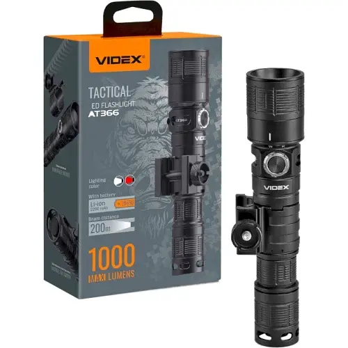 Ліхтар ручний Videx AT366, Black, 1000 Лм, 5000K, до 200 м, 5 режимів роботи, лінзи із загартованого скла, світлодіод Luminus SST40 (10 Вт) + CREE XPE RED, акумулятор (Li-ion 18650 2200mAh), Type-C, IP66 (VLF-AT366) - фото 3