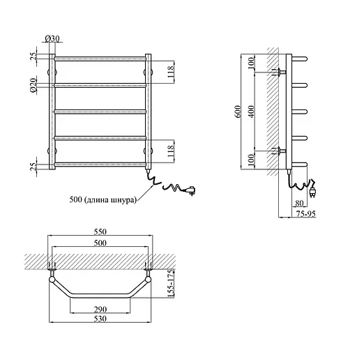 Полотенцесушитель электрический Kroner Трапеция ДТ08ER 600x500/5 ER CV023846, Хром, Правое - фото 2