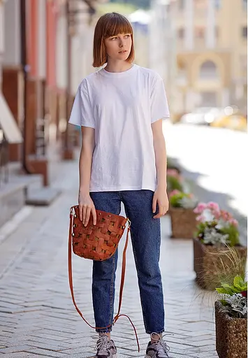 Шкіряна плетена жіноча сумка Пазл M світло-коричнева Crazy Horse - фото 2