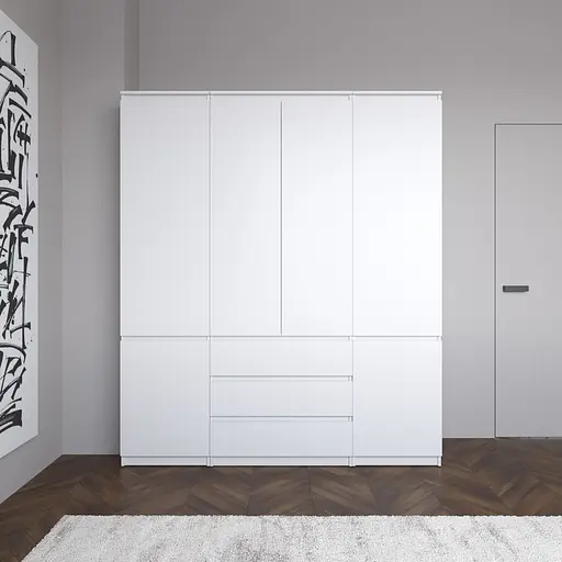 Шкаф со штангой и полками, комплект из 2 пеналов с полками и 1 шкаф со штангой с 3 шухлядами R9+R22-2 Белый