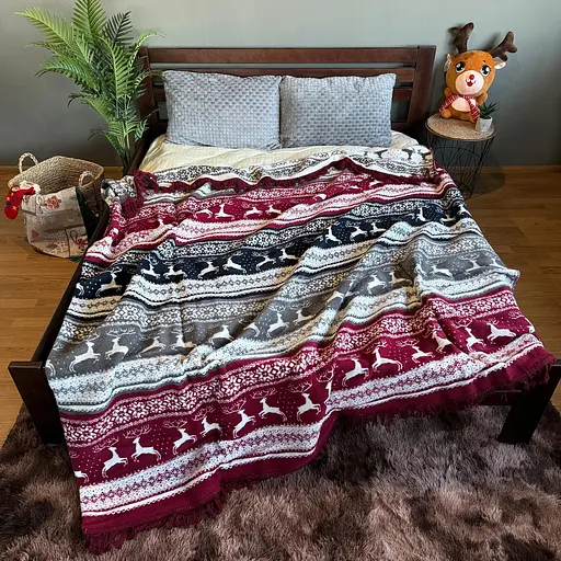 Плед покривало Bridge двосторонній Євро Олені яскраві зимовий 200х220 Бавовна Червоний