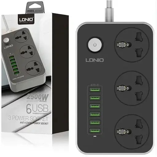 Сетевой фильтр LDNIO SC3604 удлинитель 2 м 3 розетки 6 USB с защитой серо-черный - фото 2