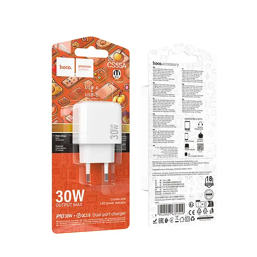 Мережевий зарядний пристрій Hoco CS55A Surplus PD30W+QC3.0 charger(EU) Білий - фото 2