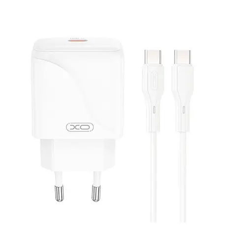 Зарядний пристрій - набір блок і кабель XO L141 Type-C to Type-C Single USB-C Fast Charger 20W білий - фото 1