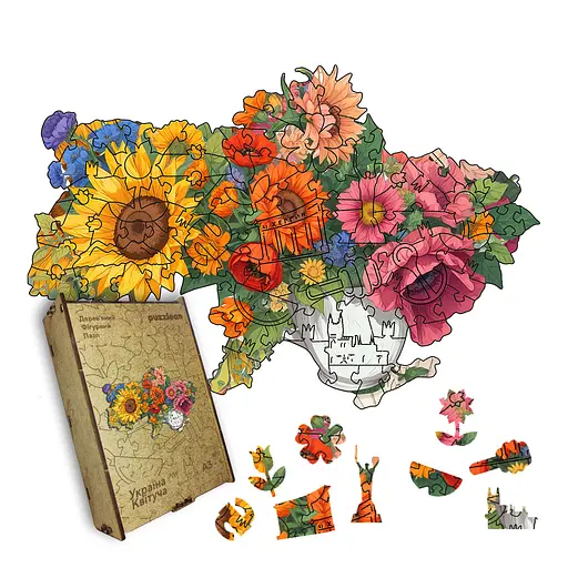 Пазл деревяний Україна Квітуча, А5, Деревяна коробка 35 елементів