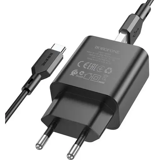 Мережевий зарядний пристрій з кабелем Borofone BA72A Spring single port QC3. 0 charger set(Type-C) 18W чорний - фото 1