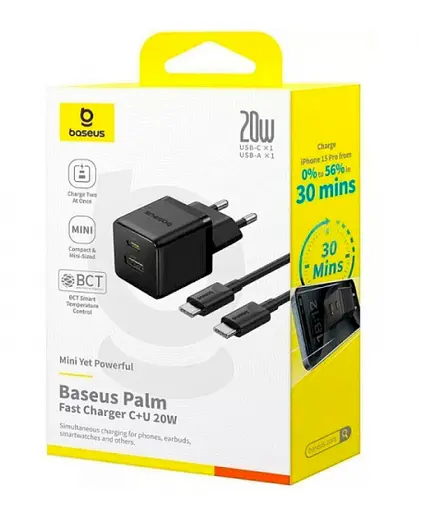 Сетевой адаптер Baseus Palm Fast Charger C+U 20 W + Cable Type-C to Type-C P10111608113-01 Черный - фото 2