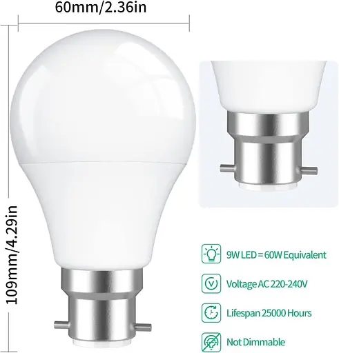 Світлодіодна лампа LEDYA B22 Bayonet 60 Вт, 9W 3000K Warm White BC GLS Frosted Light Bulbs, 806 Lumens, Non Dimmable, A60 - фото 2