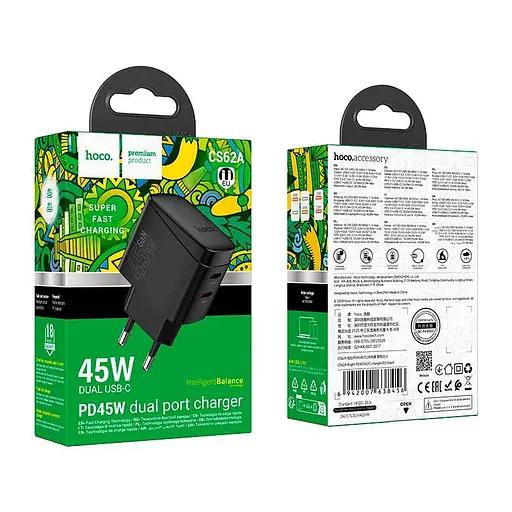 Адаптер живлення 2 порти зарядний пристрій Hoco CS62a 45W блок чорний - фото 4