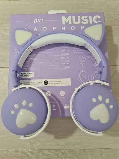 Беспроводные детские наушники CAT ВК-1 с кошачьими ушками и LED подсветкой, подарочные светло-фиолетовые - фото 3