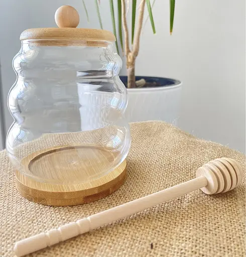 Медовница с бамбуковой крышкой на подставке 500 мл Прозрачный - фото 3
