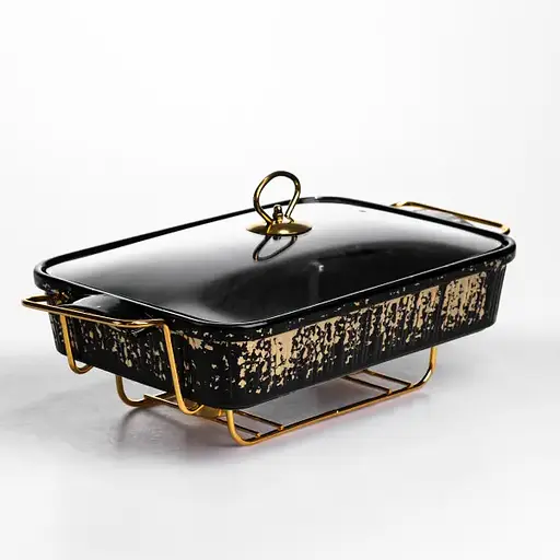 Мармитница прямоугольная Yiwu 2 л со стеклянной крышкой на металлической подставке с подогревом 40х22.5х15.5 см черный мармит для первых блюд ML-874-15 - фото 1