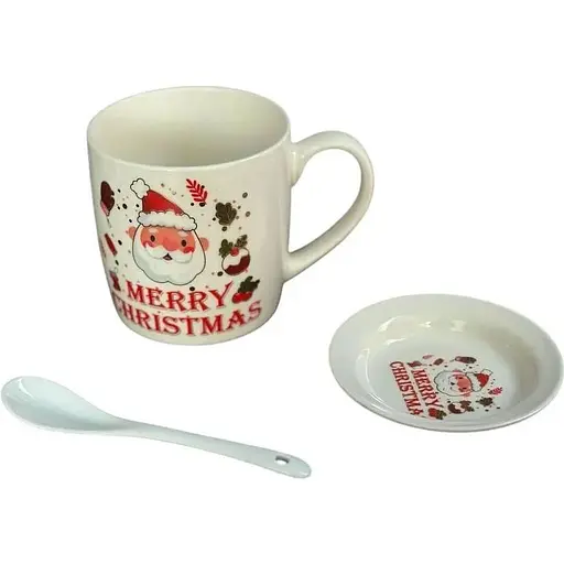 Чашка новогодняя Elisey 9150-005-1 Merry Christmas керамическая с ложкой и блюдцем 350 мл Белая - фото 1