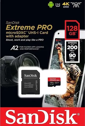 Карта памяти microSDXC SanDisk Extreme Pro A2 128 Gb (UHS-1 U3) V30 (R200MB/s W90MB/s) - фото 2
