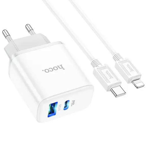 Сетевой адаптер питания Hoco C105A 20W Type-C и USB с быстрой зарядкой и кабелем Type-C to Type-C белый