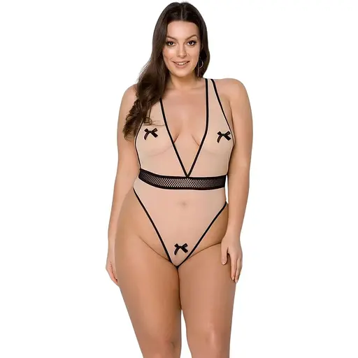 Боди Passion Viena Body beige контрастное бантики вставка-сетка открытые ягодицы 4XL/5XL