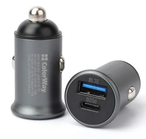 Автомобільний зарядний пристрій ColorWay, чорний, 1xUSB/QC3.0, 1xUSB-C/PD, 3A (CW-CHA029PD-GR) - фото 1