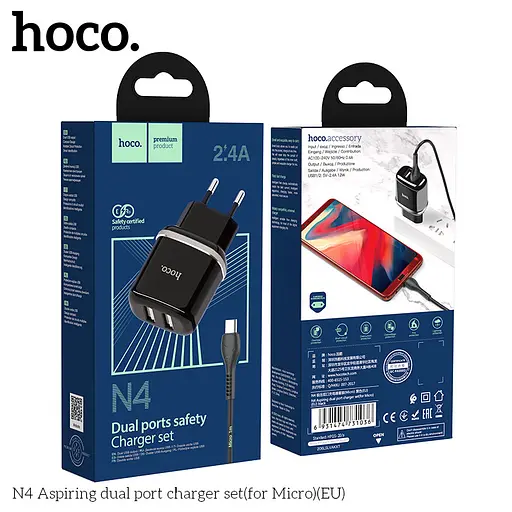 Адаптер HOCO Micro USB cable Aspiring dual port charger set N4 |2USB, 2.4A| - фото 5