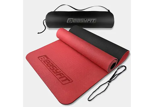 Коврик для йоги и фитнеса EasyFit TPE+TC 6 мм двухслойный + Чехол красный с черным (EF-1924s-RB) - фото 1