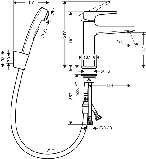 Смеситель Hansgrohe Metropol 100 для умывальника с гигиенической лейкой 32522000, Хром - фото 2