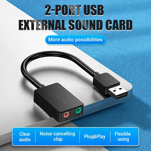 Адаптер Vention 2-port USB External Sound Card 0.15 м черный (CDYB0) - фото 2