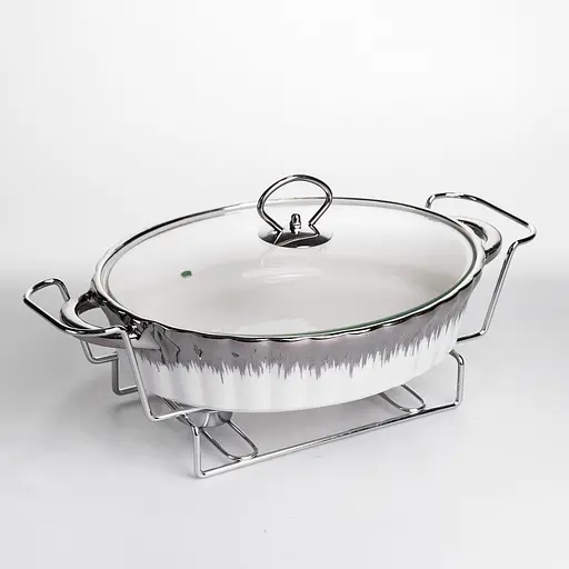 Мармитница овальная Yiwu со стеклянной крышкой на металлической подставке с подогревом 35.5х22х14 см настольный мармит для первых блюд MH739-M - фото 1