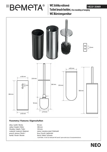 Туалетный ершик Bemeta Neo с держателем на пол или подвесная 102313069, Черный матовый - фото 3