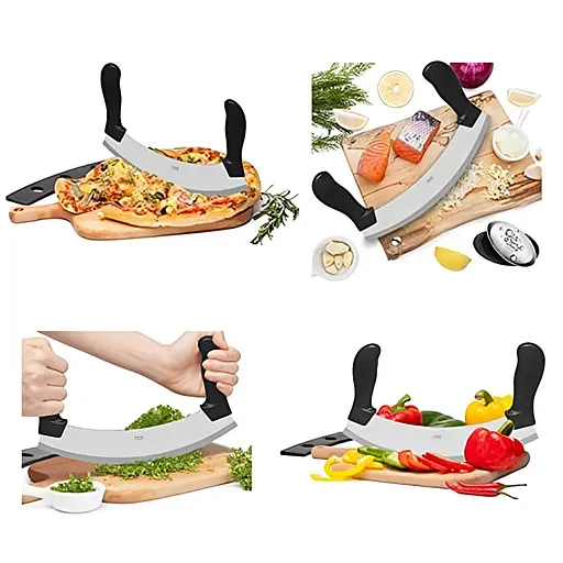 Нож Меццалуна для нарезки сыра, зелени, чеснока, пиццы, мяса с двумя пластиковыми ручками (длина лезвия 25 см), Kitchen Master Черный 86381 - фото 4