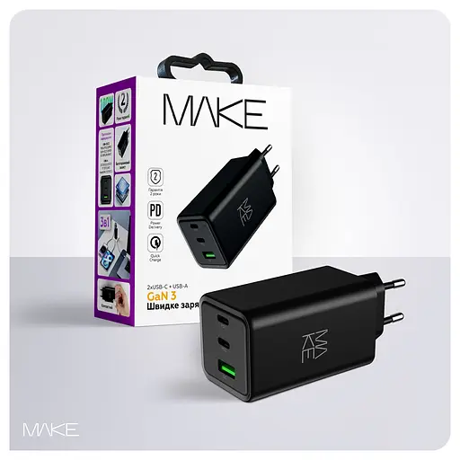 Зарядний пристрій мережевий MAKE 100W GaN3 2xType-C PD3.0 + USB QC4.0 Black - фото 7