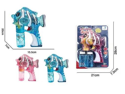 Пистолет мыльные пузыри Рыбка, 6214A, музыка, свет, 2 бутылки (в ассортименте) - фото 2