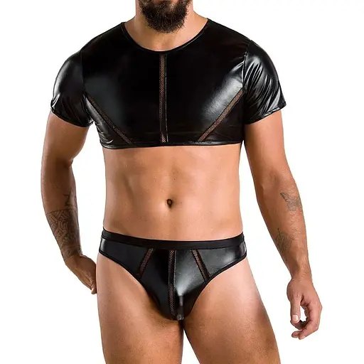 Комплект мужского белья Passion 057 Set Peter L/XL Black, кроп-топ, стринги