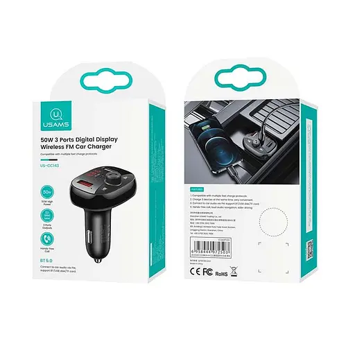 Адаптер автомобильный USAMS с Bluetooth FM Digital Display US-CC143 C25 | 2USB/1Type-C, 3A/50W, QC/PD, TF| - фото 2