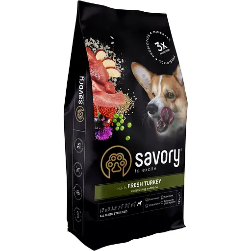 Сухий корм Savory для стерилізованих собак усіх порід, зі свіжою індичкою, 12 кг