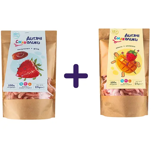 Набор: Неглазированные палочки Детские вкусности Клубника и финик 25 г + Палочки неглазированные Детские вкусности Манго и малина 25 г - фото 1